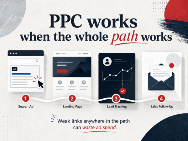 Illustration showing the PPC process for a small business, moving from search ad to landing page, lead tracking, and sales follow-up, with a note that weak links can waste ad spend.